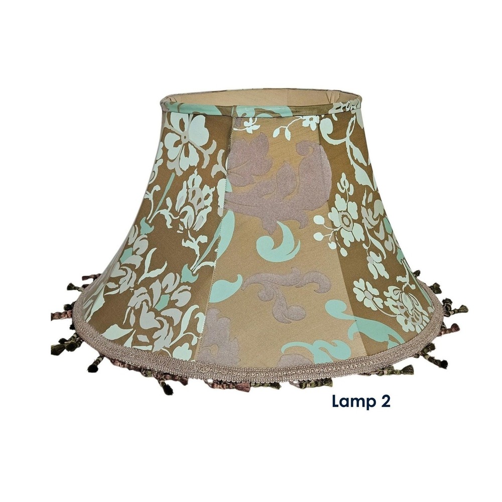 Vintage 1960s Hollywood Regency Lampshade Pair with Tassels, Green Acetate Satin - Picture 5 of 10